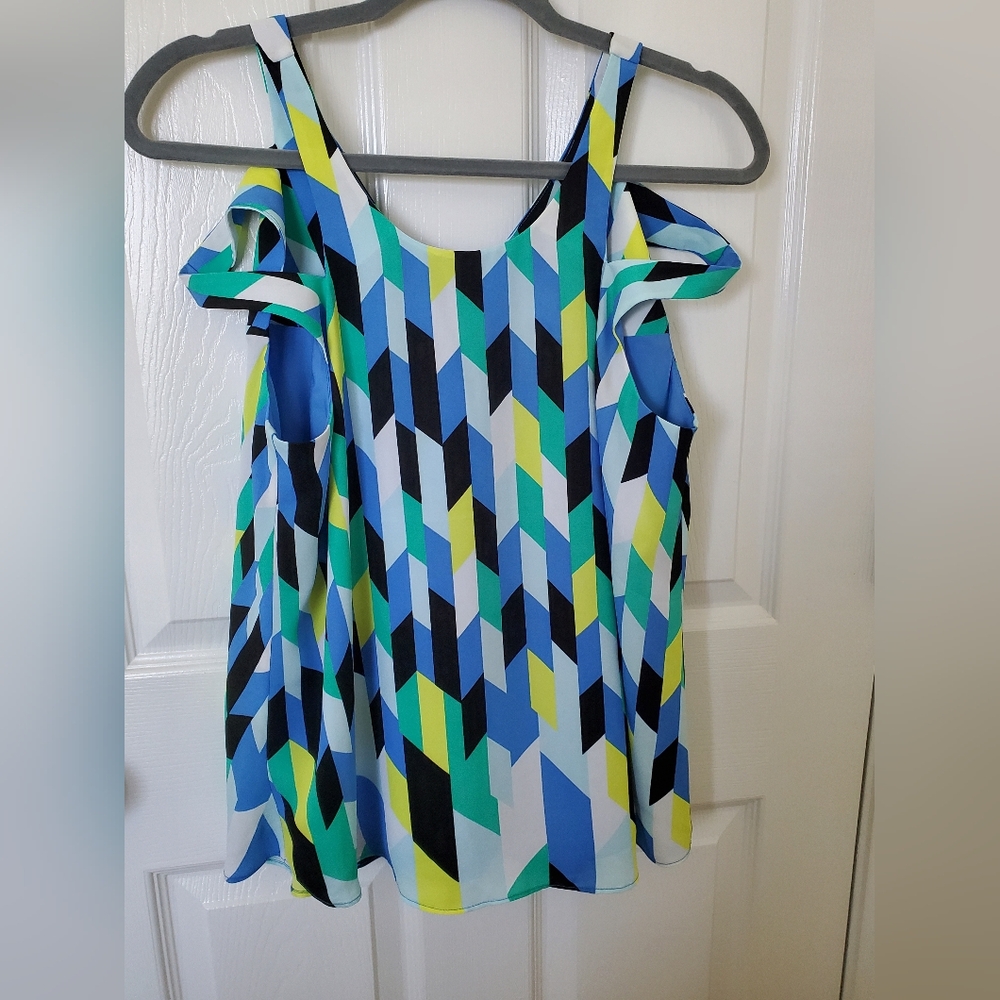 Kaari Blue Multicolor Geometric Sleeveless Blouse
